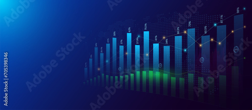 Graph chart stock market on blue background. With empty space for text. Analysis candlestick up trend of graph growth. Planning business strategy financial investment. Banner vector EPS10.