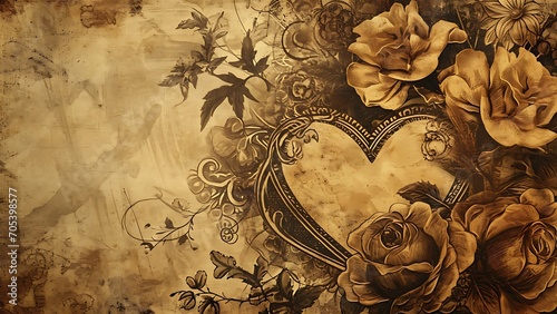 Fundo em detalhe vintage de coração com flores em sépia photo