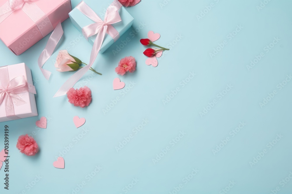 Top flat lay photo of beautiful present boxes with pink ribbon, carnation flowers with pink paper hearts on pastel blue background with empty space for text or, Generative AI Top flat lay photo of beautiful present boxes with pink ribbon, carnation flowers with pink paper hearts on pastel blue background with empty space for text or, Generative AI