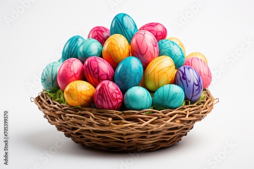 A wicker basket filled with colorful eggs.