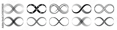 Set of infinity symbols. Infinity symbol set. Vector illustration. Infinity symbol. Vector logos set. Black contours of different shapes, thickness and style isolated on white. 
