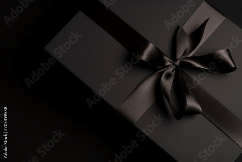 Top view photo of black gift box with black ribbon bow on isolated black background with empty space, Generative AI 