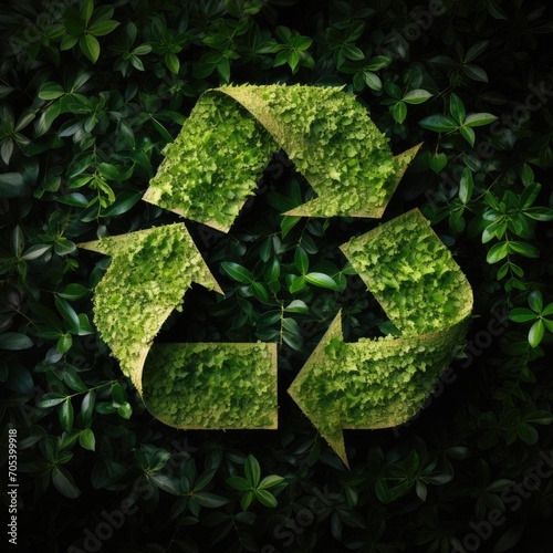 Recycling symbol on green plants background, closeup.