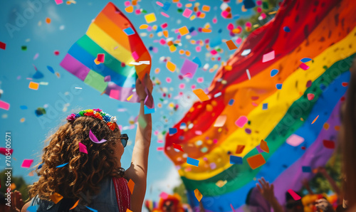 Pride month flag in festival with colorful confeti background