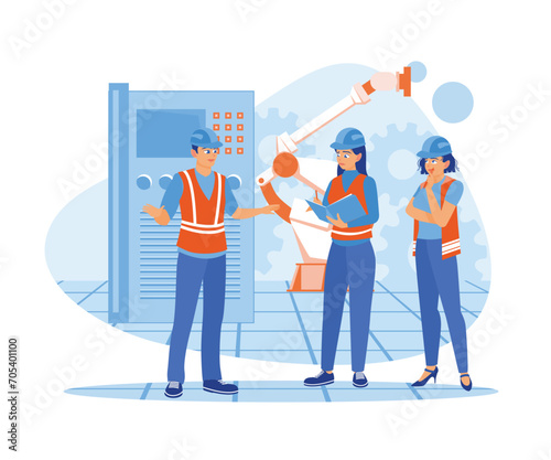 The female chief technician provides direction to employees before work hours start. They work in heavy industrial manufacturing. Briefings concept. Trend Modern vector flat illustration