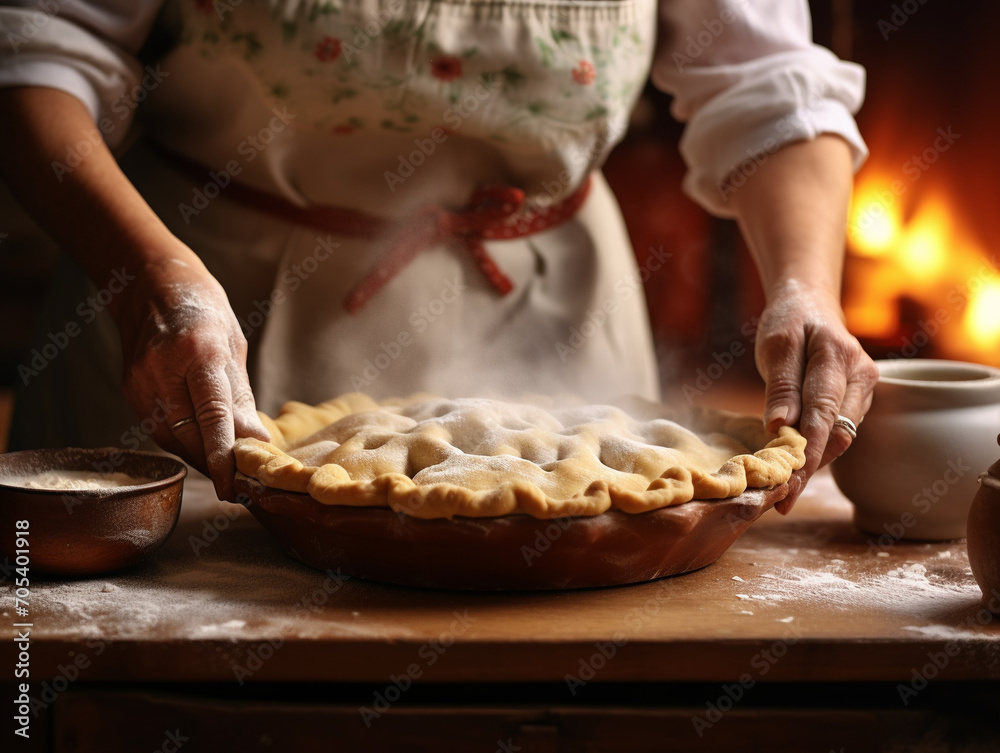 A Culinary Masterpiece Unveiled: Woman Chef Presents a Freshly Baked Pie on the Table, White Apron, Kitchen Ambiance, Pleasing Aroma, Steam Rising from the Hot Pie. Delightful Homely Cooking Scene