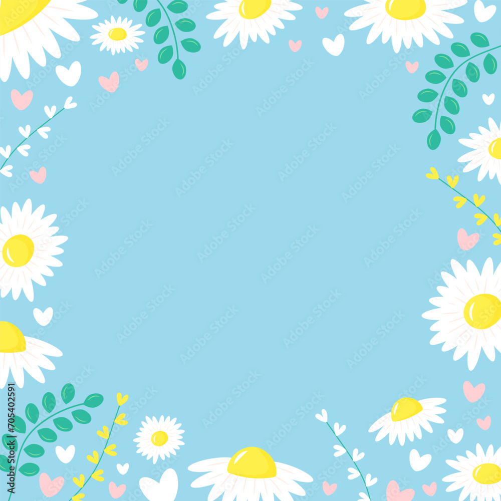 Pastel blue background with daisies, twigs and hearts. Elegant floral card with copy space. Flat lay. Pastel blue background with daisies, twigs and hearts. Elegant floral card with copy space. Flat lay.