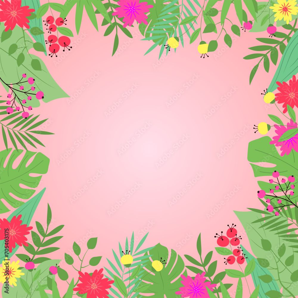 Summer tropical background with flowers and leaves, plants and berries. Trendy abstract square art floral template. Copy space. Hand drawn colorful vector illustration.