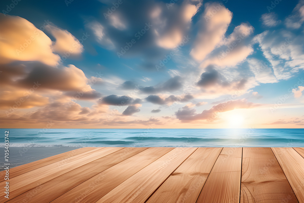 Wooden board empty table background in the beach sky - images of the peace and beauty of nature generative ai