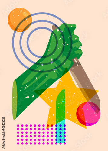 Risograph Kitchen Knife in hand with geometric shapes. Scary murderer object in trendy riso graph print texture style design with geometry elements.