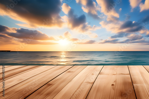 Wooden board empty table background in the beach sky - images of the peace and beauty of nature generative ai © 랑이 자