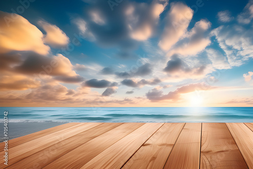 Wooden board empty table background in the beach sky - images of the peace and beauty of nature generative ai
