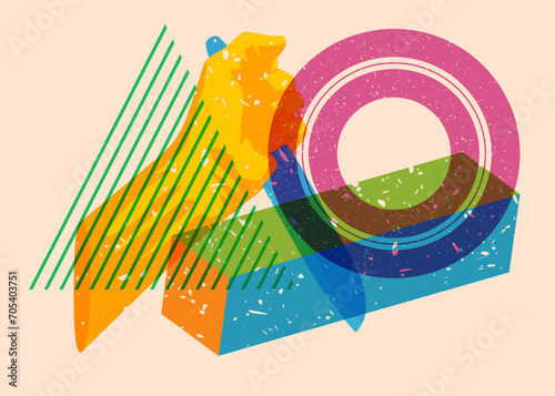 Risograph Kitchen Knife in hand with geometric shapes. Scary murderer object in trendy riso graph print texture style design with geometry elements.