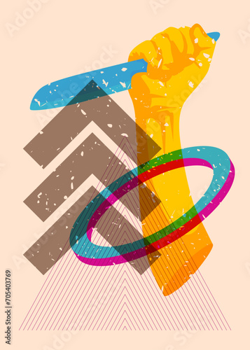 Risograph Kitchen Knife in hand with geometric shapes. Scary murderer object in trendy riso graph print texture style design with geometry elements.