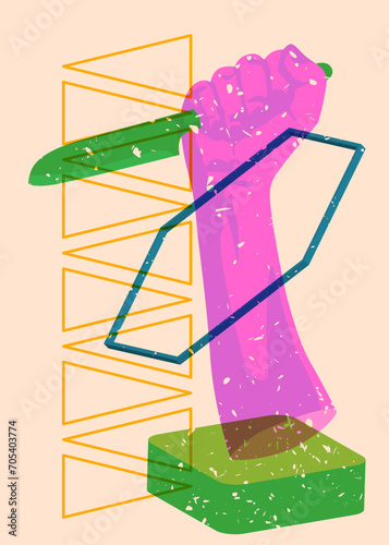 Risograph Kitchen Knife in hand with geometric shapes. Scary murderer object in trendy riso graph print texture style design with geometry elements.