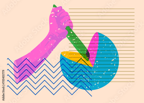 Risograph Kitchen Knife in hand with geometric shapes. Scary murderer object in trendy riso graph print texture style design with geometry elements.