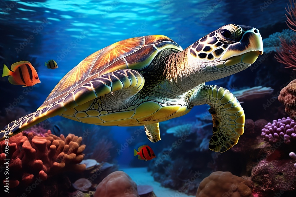 sea turtle swimming in the underwater sea , small nemo fish , colorfull coral 