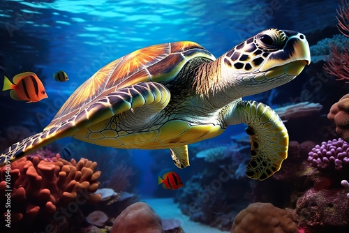 sea turtle swimming in the underwater sea   small nemo fish   colorfull coral 
