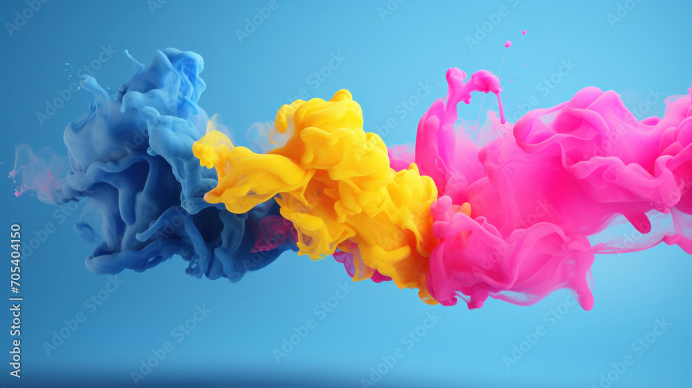 Abstract vibrant explosion of blue, yellow, and pink ink clouds dispersing in water against a blue background.