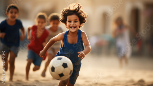 A happy child is running joyfully towards a soccer ball with friends in the background. © tashechka
