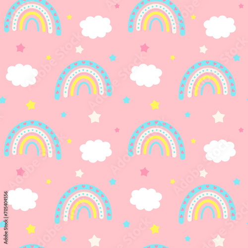 Seamless pattern with stars, boho rainbows and clouds. Celestial childish print on pink background.