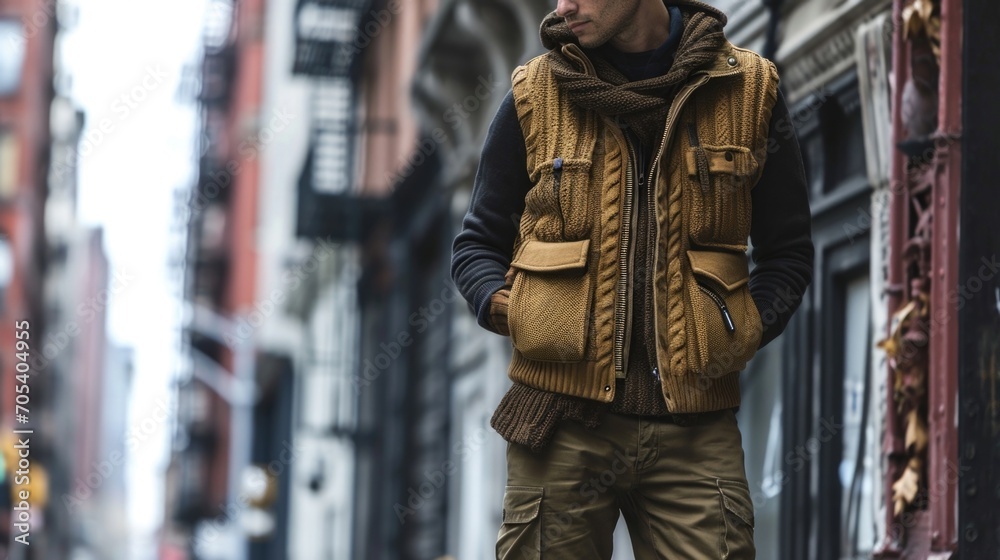 Take on the chilly weather in style with this fashionforward outfit, combining a sleek down vest, a chunky cable knit sweater, and sy cargo pants for a modern and practical twist on layering. - obrazy, fototapety, plakaty 