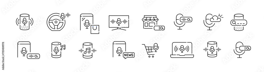Personal voice assistant uses. Search, music, car and shopping. Pixel perfect, editable stroke icon Personal voice assistant uses. Search, music, car and shopping. Pixel perfect, editable stroke icon