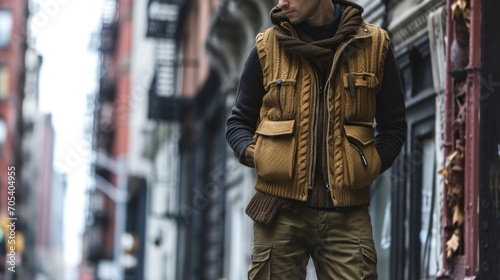 Take on the chilly weather in style with this fashionforward outfit, combining a sleek down vest, a chunky cable knit sweater, and sy cargo pants for a modern and practical twist on layering.