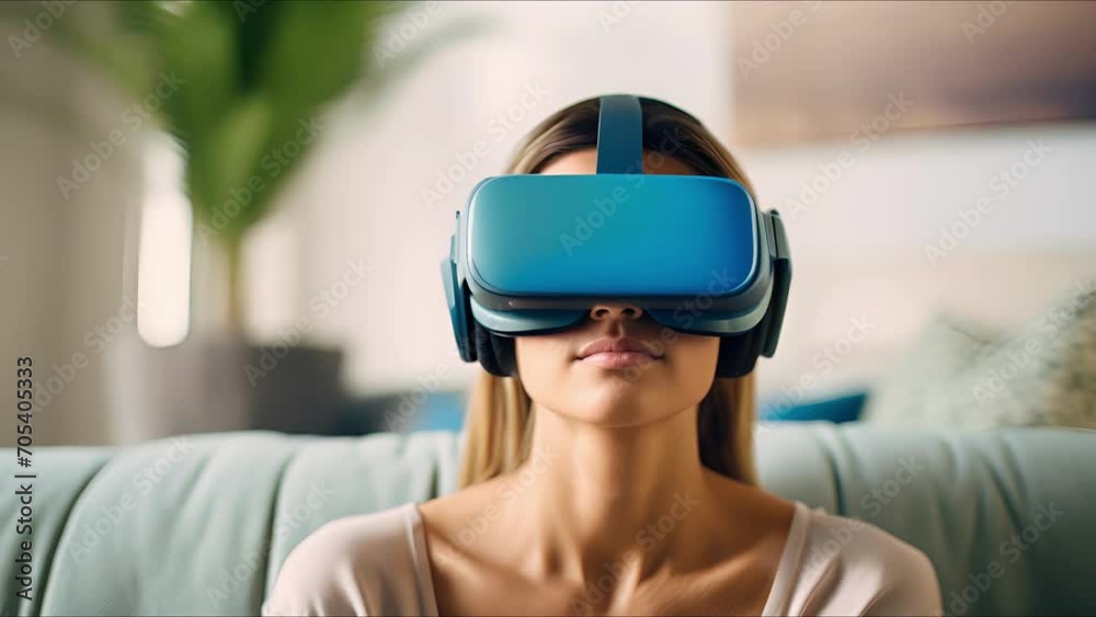 Closeup of a virtual reality headset with a calming meditation exercise being guided by a virtual instructor. Closeup of a virtual reality headset with a calming meditation exercise being guided by a virtual instructor.