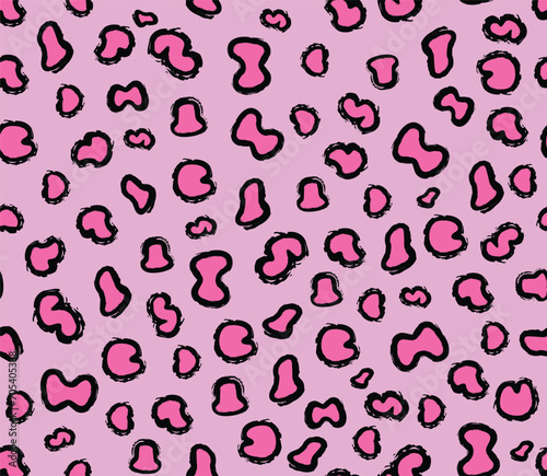 Leopard seamless pattern. Vector animal print. Black and pink spots on a lilac background. Jaguar  leopard  cheetah.Fabric print.