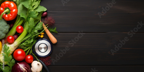 Raw organic vegetables with fresh ingredients for healthily cooking on vintage background, top view, banner. Vegan or diet food concept,Food Photography Background Grunge Wall Vegetables Kitchen Meat  photo