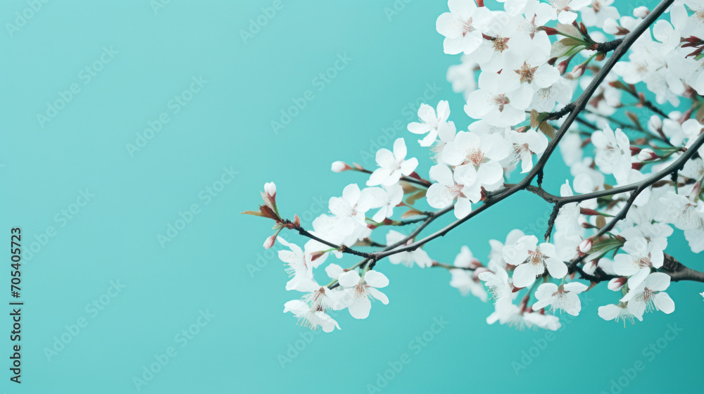 Delicate cherry blossoms bloom against a clear teal sky, signaling the fresh start of spring. Delicate cherry blossoms bloom against a clear teal sky, signaling the fresh start of spring.