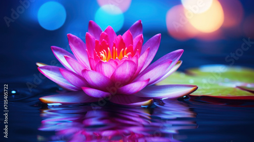 A vibrant pink water lily floats majestically on a serene blue water surface, with soft light creating a tranquil ambiance.