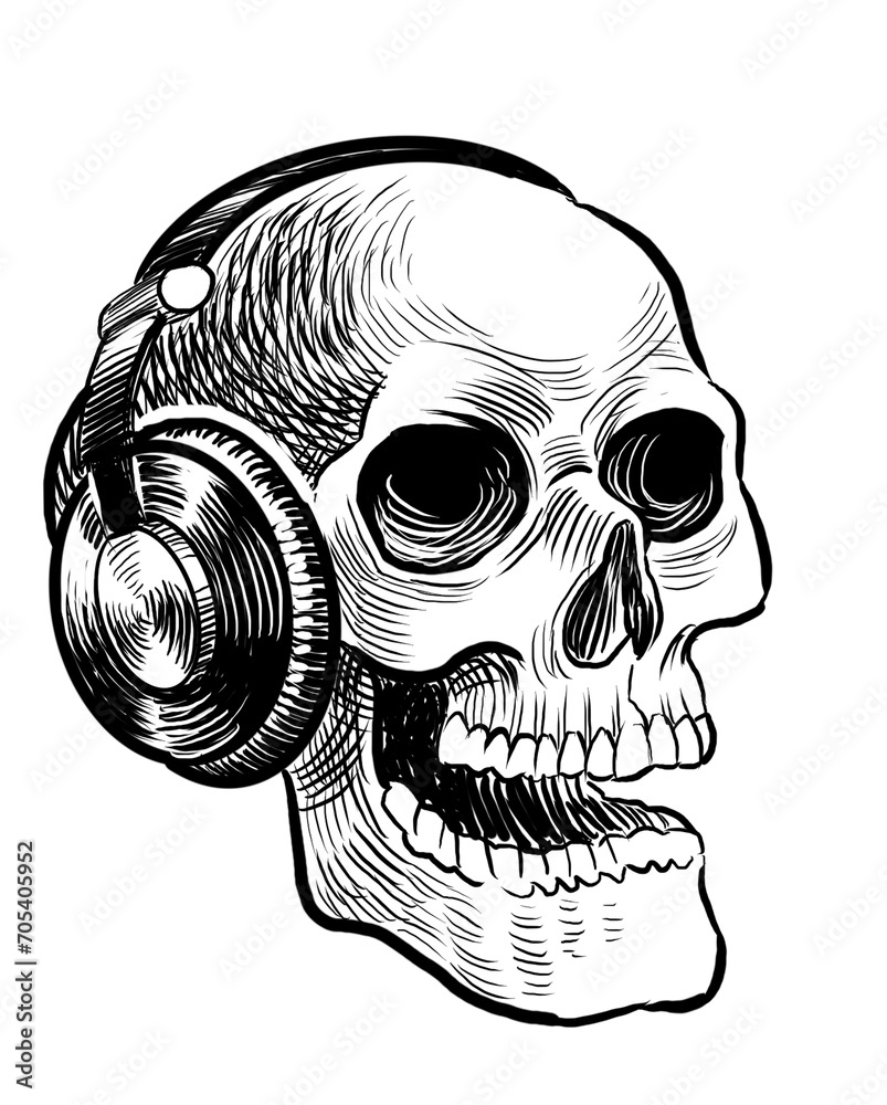 Fototapeta premium Skull in headphone. Hand-drawn black and white illustration