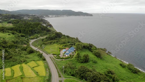 Rice Field and sea of Japan Landscape, Aerial view
Drone view over Small town, Rice Field and sea of Japan Landscape , Ishikawa district 
 photo