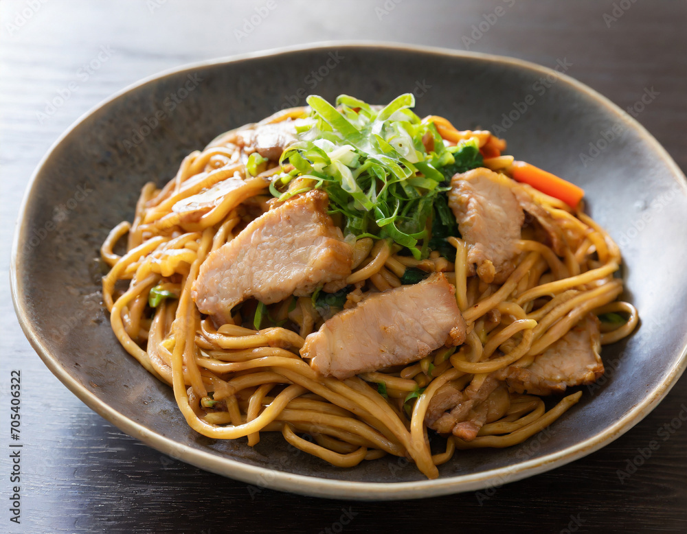 Close-up of stir-fried yakisoba noodles with pork.