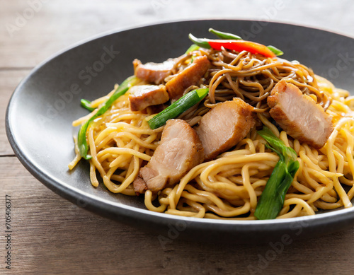 Close-up of stir-fried yakisoba noodles with pork.