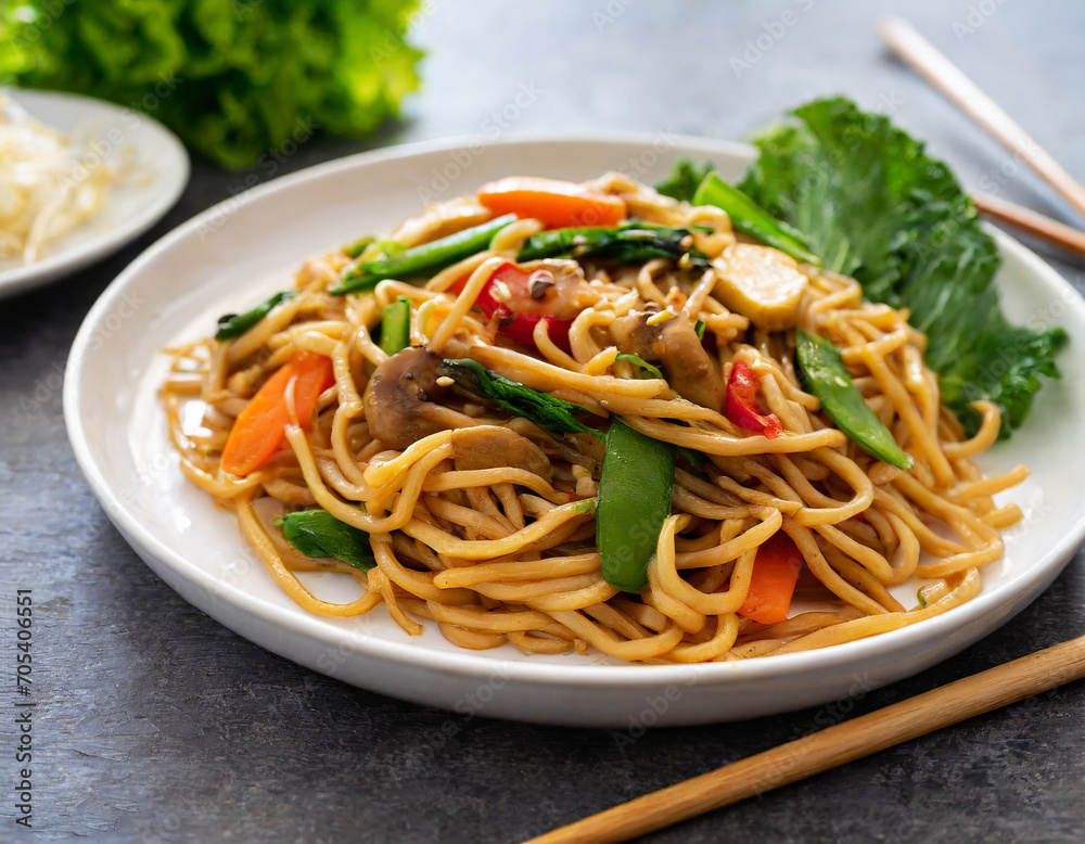 Yakisoba noodles stir-fried with vegetables in Asian style, suitable for vegan and vegetarian diets.