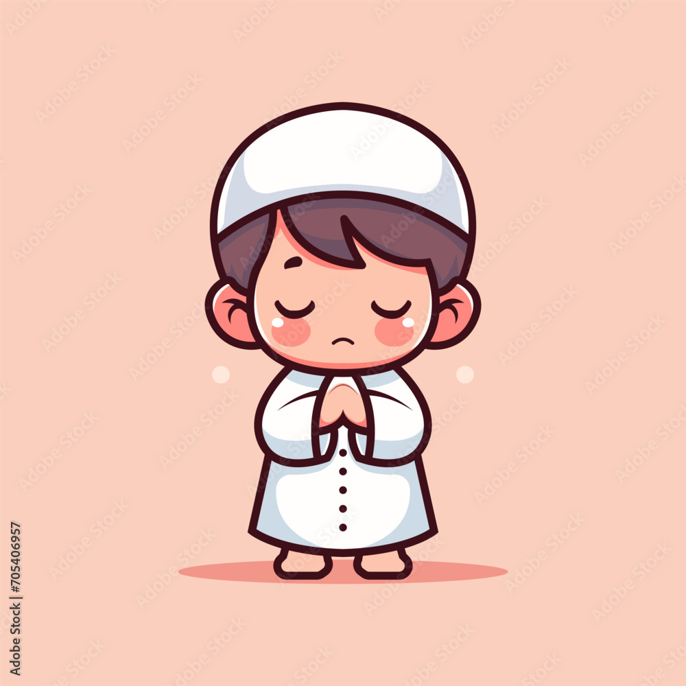 Illustration of a cute Muslim praying standing with a flat vector concept Illustration of a cute Muslim praying standing with a flat vector concept