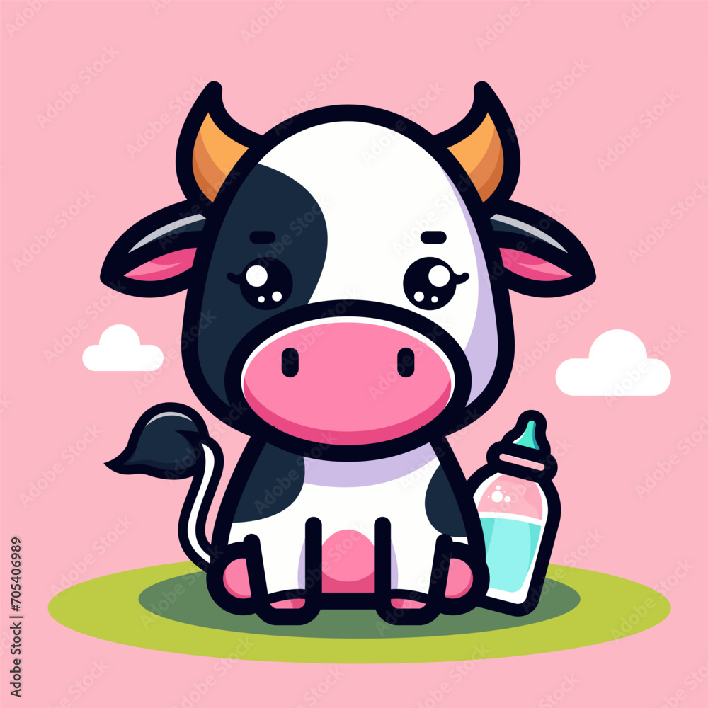 Illustration of cute cow with milk bottle with flat vector concept Illustration of cute cow with milk bottle with flat vector concept