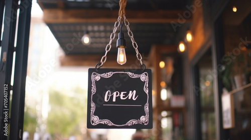 A quaint 'Open' sign hangs on a café entrance, inviting customers with a warm, retro aesthetic and soft lighting. photo