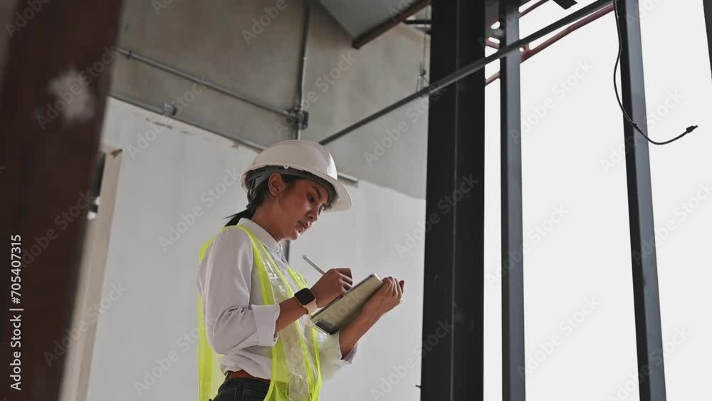 Building Engineer woman working with technology tablets for survey and checking detail of building at construction site for planning and management in the job Building Engineer woman working with technology tablets for survey and checking detail of building at construction site for planning and management in the job