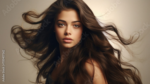 A portrait of a young woman with voluminous flowing hair and subtle, natural makeup, exuding elegance and natural beauty.