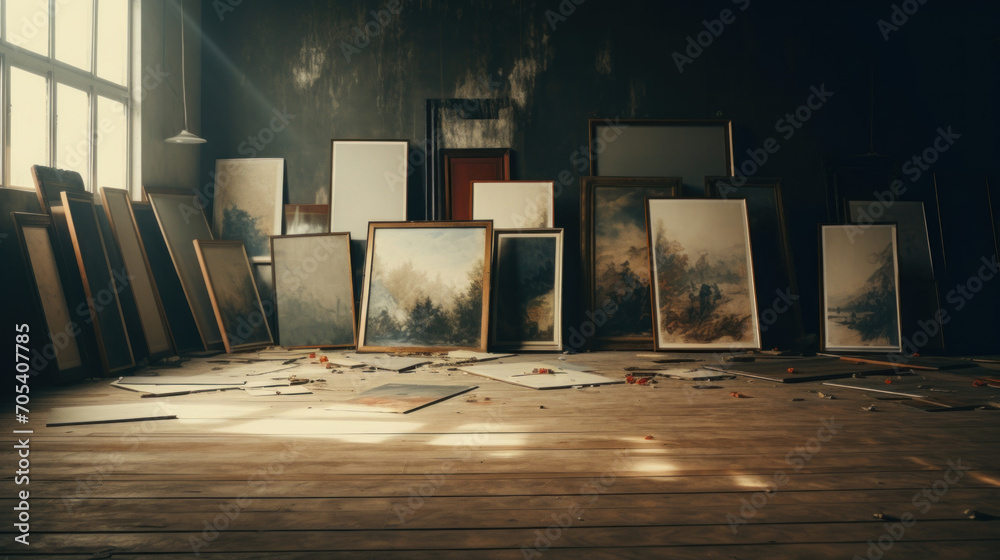 A collection of classic paintings and empty canvases stacked in a dusty attic, invoking a sense of history and artistry. - obrazy, fototapety, plakaty 