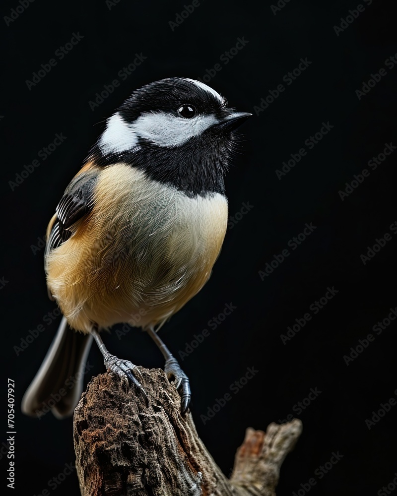 Naklejka premium Black-capped Chickadee isolated on black AI Generative