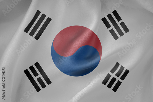 Korea waving flag close up fabric texture background 