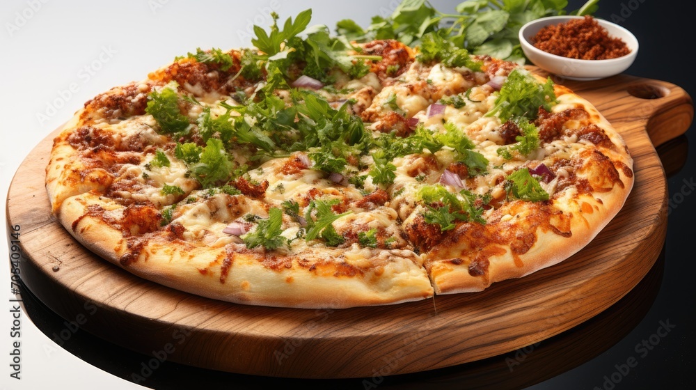 Delicious pizza served on wooden plate top view Delicious pizza served on wooden plate top view