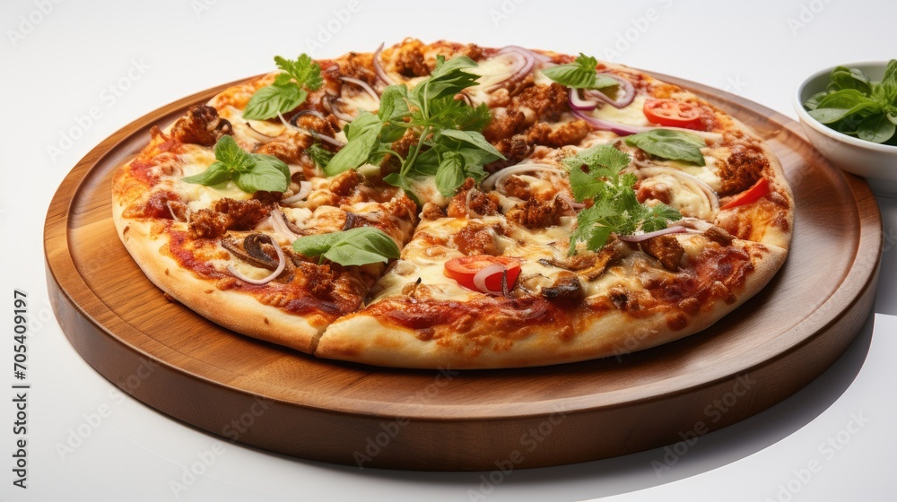 Delicious pizza served on wooden plate top view Delicious pizza served on wooden plate top view