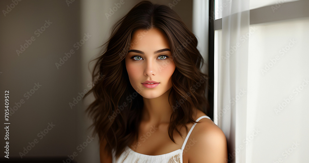Woman portrait. Beautiful woman, portrait close up. Portrait of woman with blue eyes, perfect skin. Beauty face. Fashion portrait. Beauty model girl with curly hairstyle.