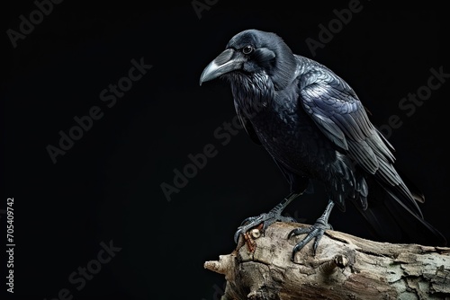 Portrait crow standing on small root isolated on black AI Generative